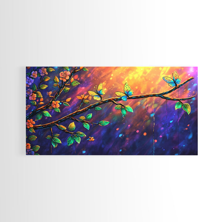 Sunlit Flower Branch With Butterflies Wall Art, Whimsical Nature Art, Botanical Wall Decor, Colorful Bedroom Art Print, Gift