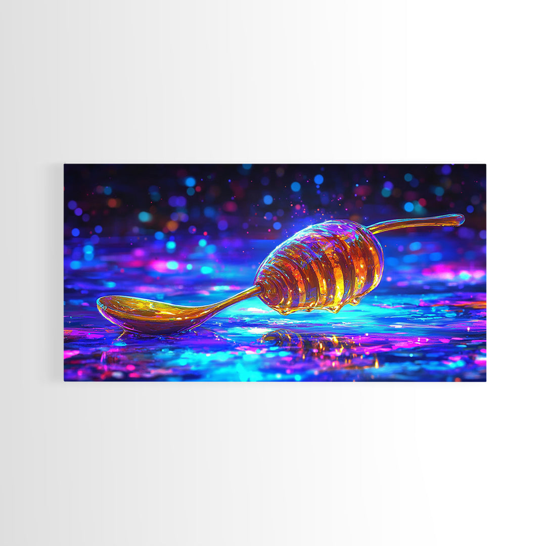 Neon Honey Dipper With Golden Drizzle Wall Art, Colorful Kitchen Decor, Food Lover Gift, Modern Canvas Print, Dining Room Prints