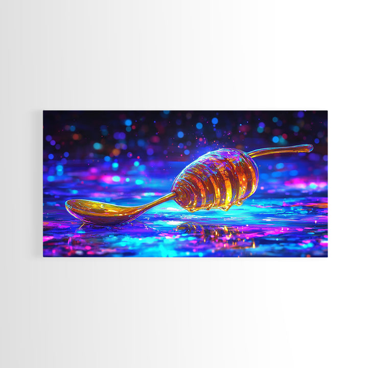 Neon Honey Dipper With Golden Drizzle Wall Art, Colorful Kitchen Decor, Food Lover Gift, Modern Canvas Print, Dining Room Prints