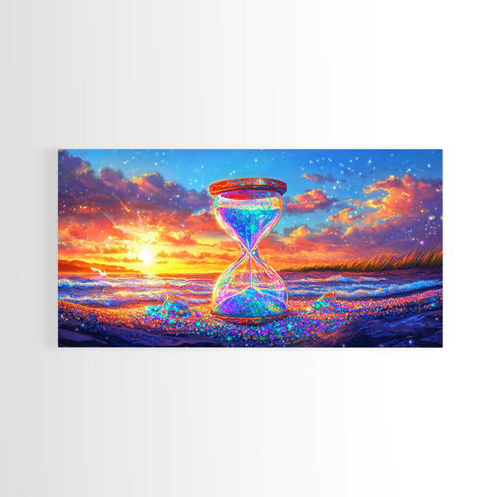 Sparkling Hourglass On Sunset Beach Canvas Print, Coastal Wall Art, Surreal Seascape Decor, Ocean Lover Gift For Her, Living Room Decor