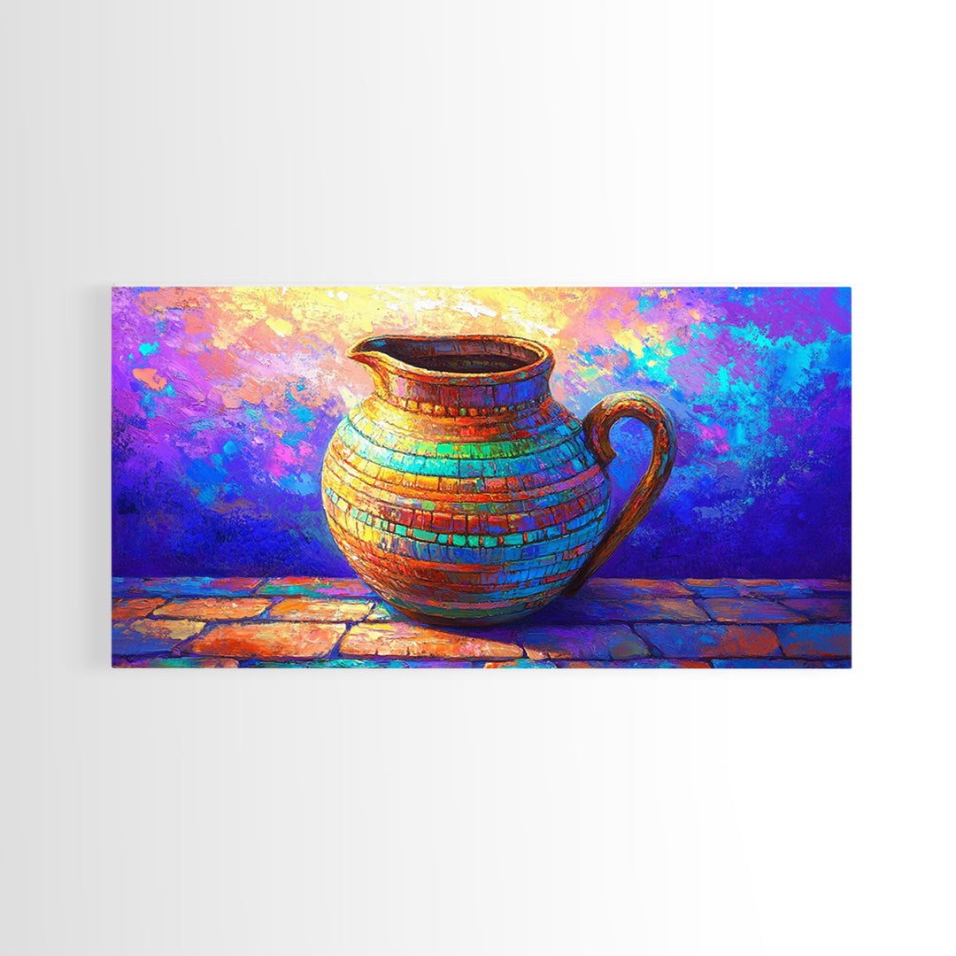 Colorful Mosaic Ceramic Pitcher Still Life Wall Art, Mediterranean Kitchen Decor, Vibrant Canvas Print, Housewarming Gift