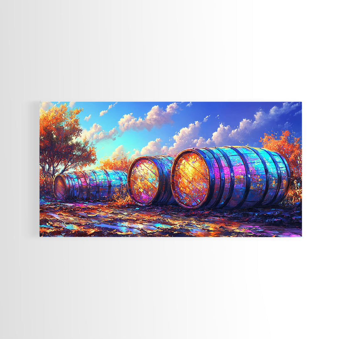 Rainbow Wine Barrels In Autumn Vineyard Wall Art, Rustic Farmhouse Decor, Winery Wall Art, Colorful Landscape, Dining Room Print