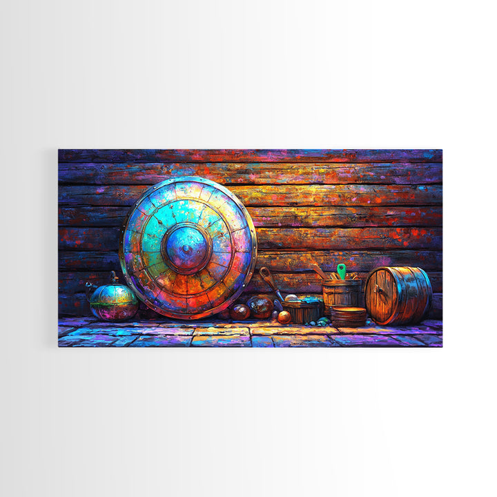 Weathered Viking Shield And Rustic Vessels Framed Canvas Print, Medieval Wall Art, Nordic Decor, Man Cave Art, Fantasy Gift
