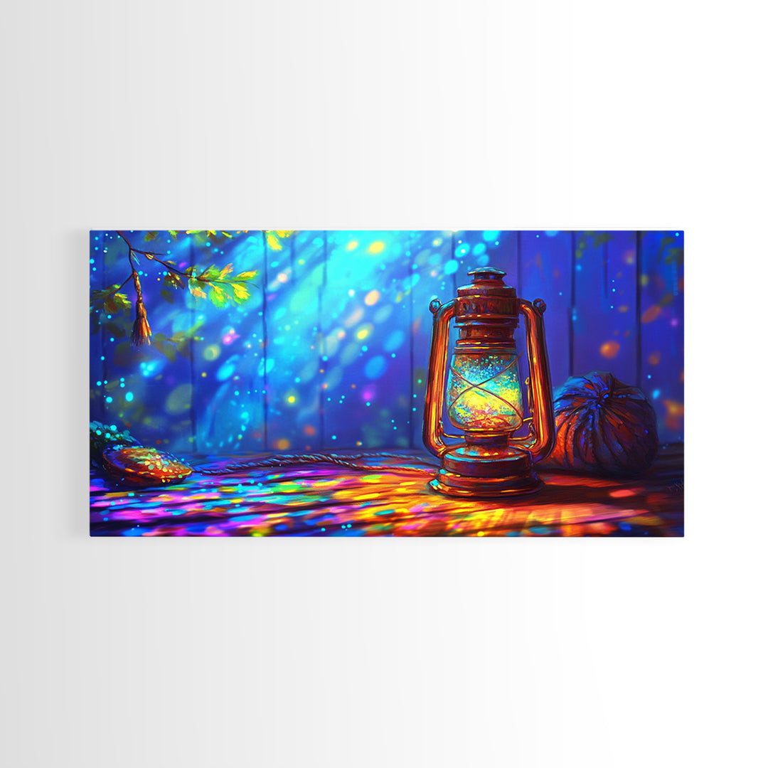Glowing Camping Lantern In Blue Forest Canvas Print, Rustic Cabin Wall Art, Cozy Wall Decor, Nature Art, Outdoor Decor, Camping Gift