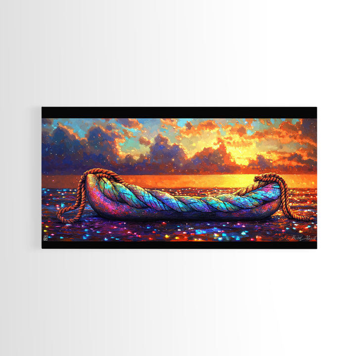 Rainbow Rope Boat At Sunset Framed Canvas Print, Coastal Wall Art, Nautical Ocean Decor, Beach House Living Room Art, Large Seascape Gift