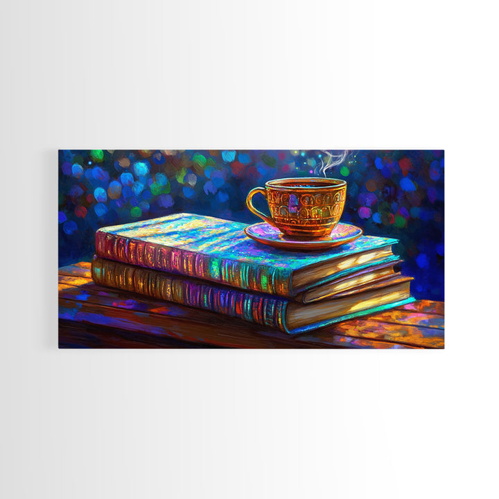 Steaming Teacup On Stacked Books Framed Canvas Print, Cozy Library Wall Art, Book Lover Gift, Coffee Shop Home Decor, Reading Nook Decor