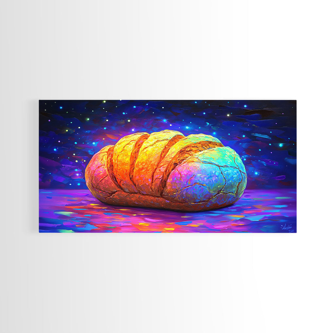Glowing Croissant Pastry Under Starry Sky Canvas Print, Bakery Wall Art, Kitchen Decor, French Patisserie Gift For Foodie