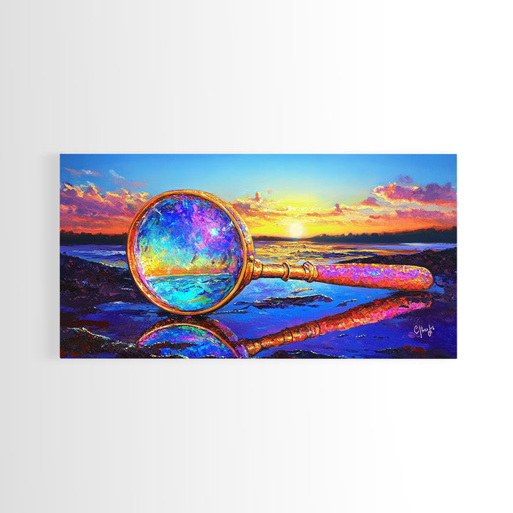 Magnifying Glass At Beach Sunset Wall Art, Coastal Canvas Print, Ocean Decor, Nautical Landscape Art For Study Or Office