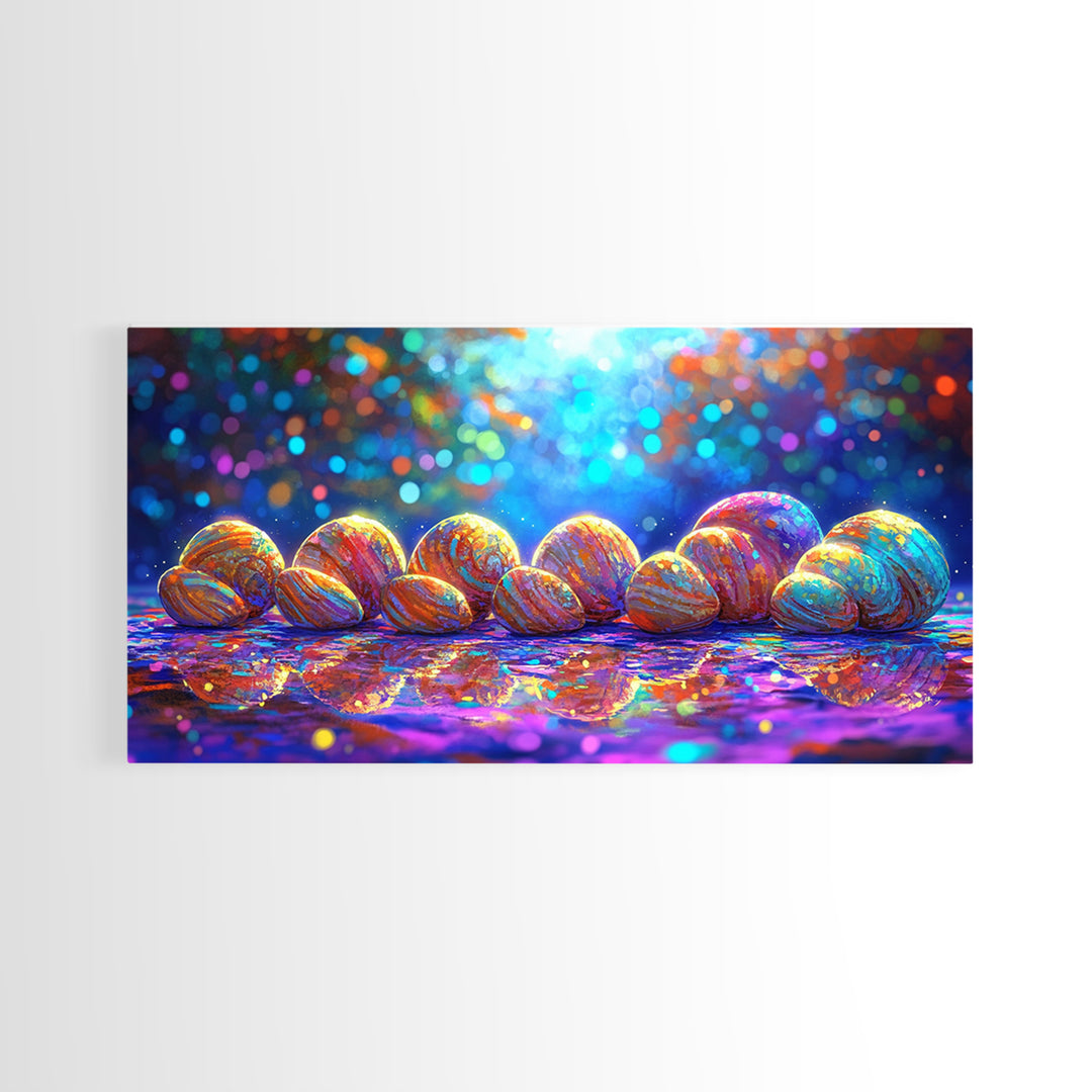 Rainbow Seashells On Shore Wall Art, Coastal Canvas Print, Beach House Decor, Ocean Nursery Art, Nautical Bathroom Decor Gift