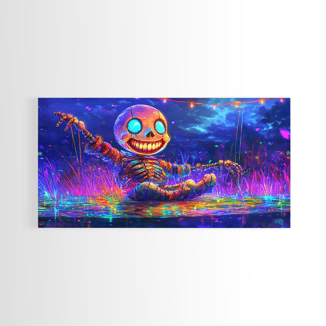 Neon Skeleton Doll In Moonlit Marsh Canvas Print, Halloween Wall Art, Gothic Decor, Whimsical Art, Spooky Kids Room Decor