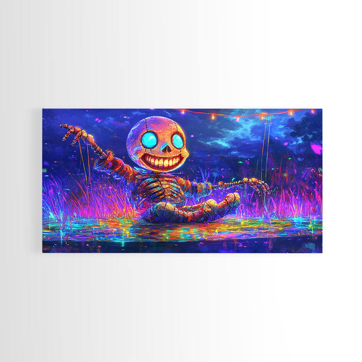 Neon Skeleton Doll In Moonlit Marsh Canvas Print, Halloween Wall Art, Gothic Decor, Whimsical Art, Spooky Kids Room Decor
