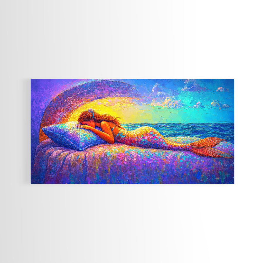 Sleeping Mermaid By Ocean Window Framed Canvas Print, Fantasy Wall Art, Coastal Bedroom Decor, Beach House Decor Gift For Her
