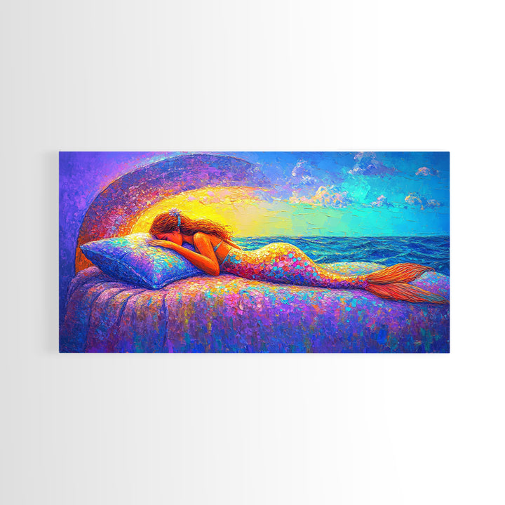 Sleeping Mermaid By Ocean Window Framed Canvas Print, Fantasy Wall Art, Coastal Bedroom Decor, Beach House Decor Gift For Her