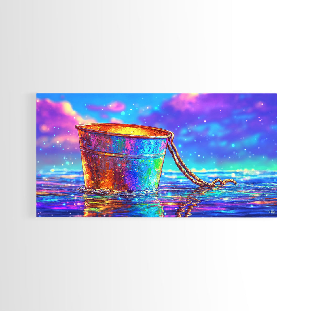 Rainbow Rusty Bucket Floating On Ocean Waves Canvas Print, Colorful Coastal Wall Art, Beach House Decor, Surreal Seascape