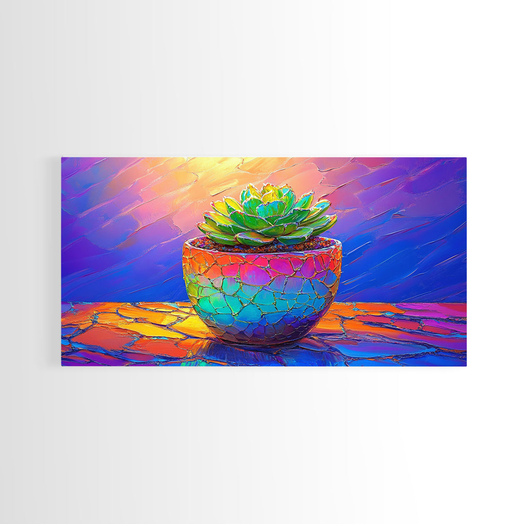 Mosaic Succulent In Rainbow Ceramic Pot Framed Canvas Print, Botanical Wall Art, Colorful Home Decor, Boho Plant Art Gift