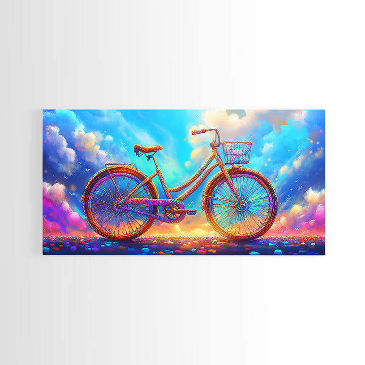 Rainbow Cruiser Bicycle Under Dreamy Clouds Canvas Print, Whimsical Wall Art, Kids Room Decor, Colorful Nursery Art Gift