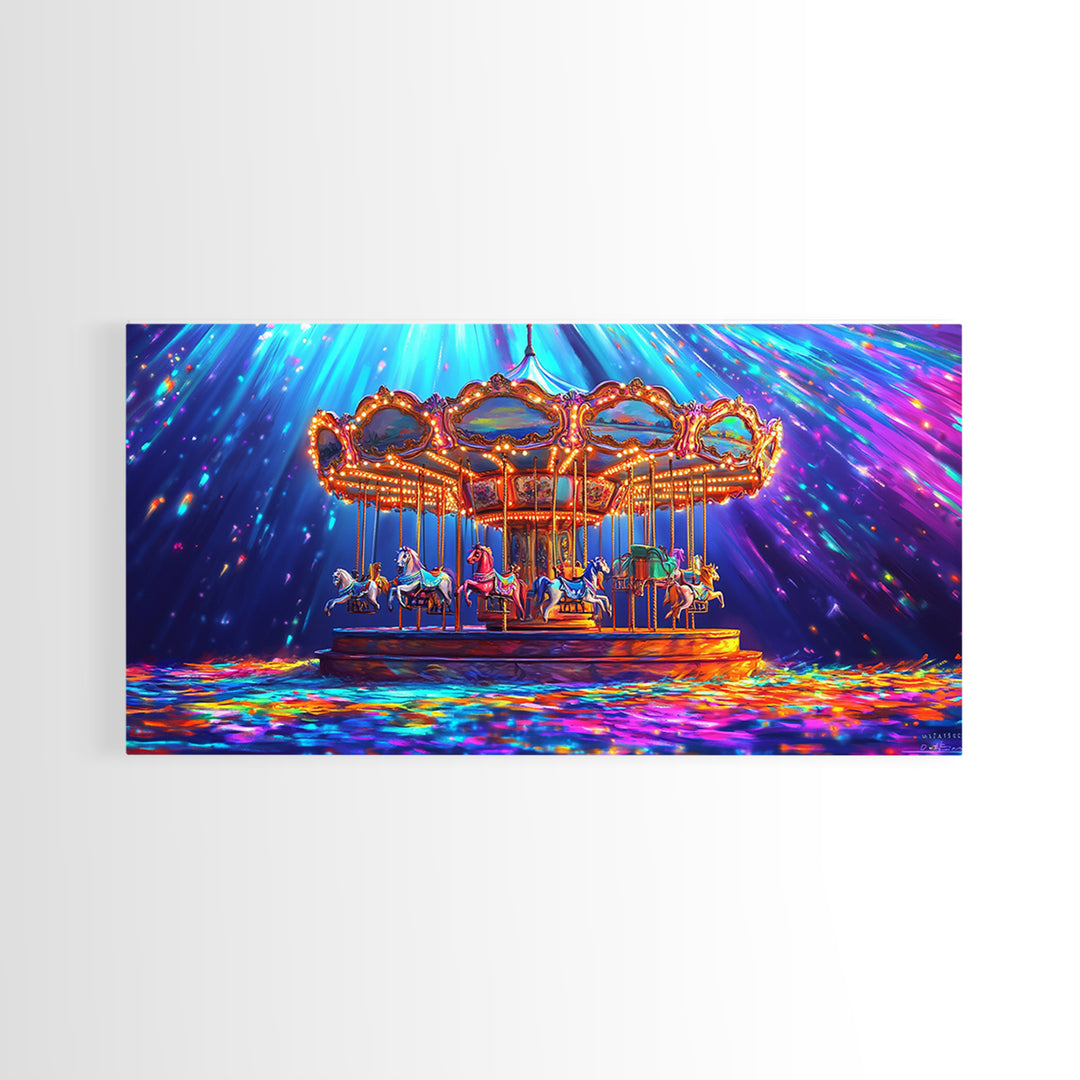 Glowing Carousel Ride With Neon Confetti Framed Canvas Print, Circus Wall Art, Whimsical Decor, Colorful Kids Room Art Gift