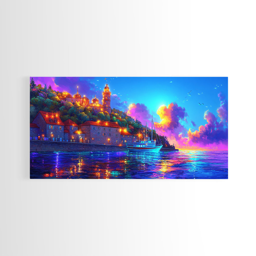 Sunset Harbor Village And Sailboat Canvas Print, Coastal Wall Art, Mediterranean Decor, Travel Poster, Living Room Art Print
