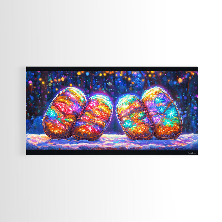Glowing Rainbow River Stones Under Fairy Lights Canvas Print, Whimsical Wall Art, Dopamine Decor, Colorful Abstract Art Print