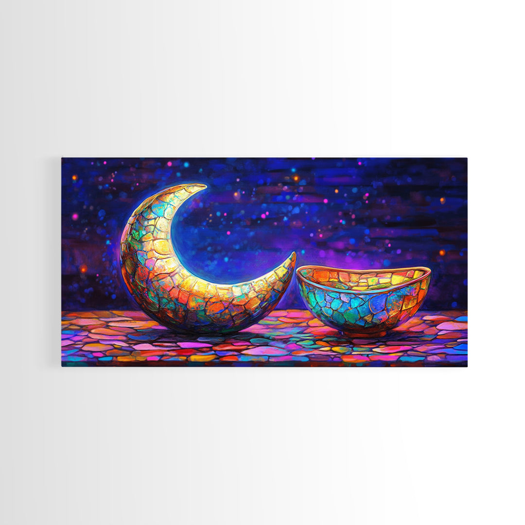 Mosaic Crescent Moon And Bowl Wall Art, Celestial Night Sky Decor, Mystical Boho Canvas, Gift For Her Home Decor, Moon Phase Art