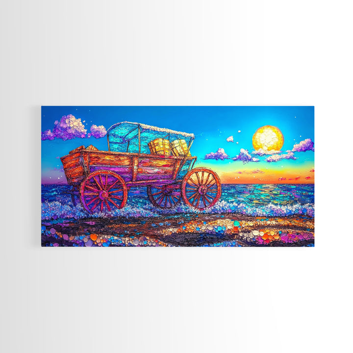 Rustic Wooden Wagon By Moonlit Ocean Wall Art, Coastal Farmhouse Decor, Country Landscape Art, Beach House Decor Gift For Her