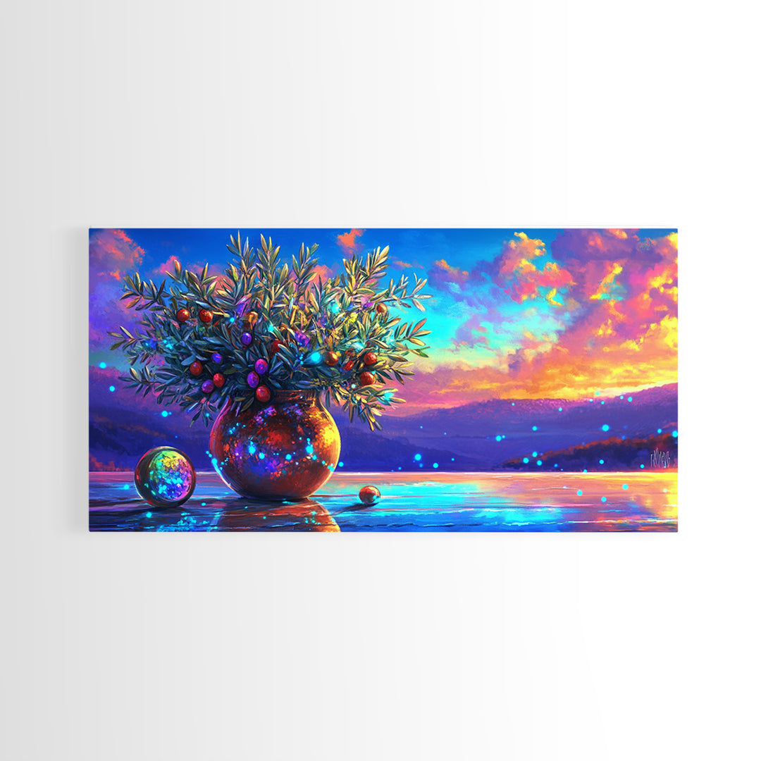 Mediterranean Olive Branches In Glowing Vase Wall Art, Italian Coastal Decor, Kitchen Wall Art, Lake Como Inspired Gift For Her