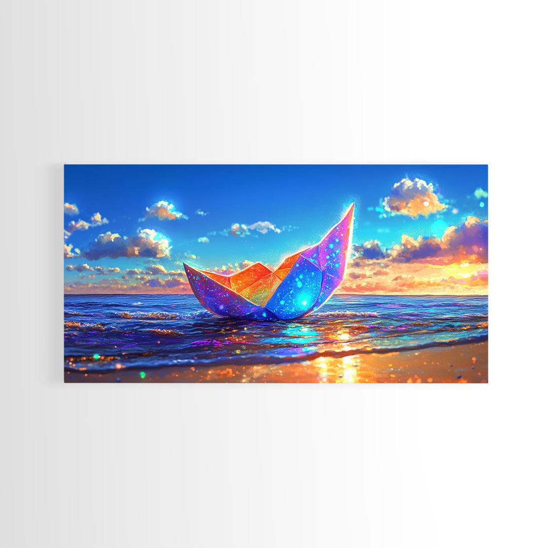 Glowing Origami Paper Boat At Sunset Canvas Print, Coastal Wall Art, Ocean Wall Art, Beach House Decor, Modern Seascape Art