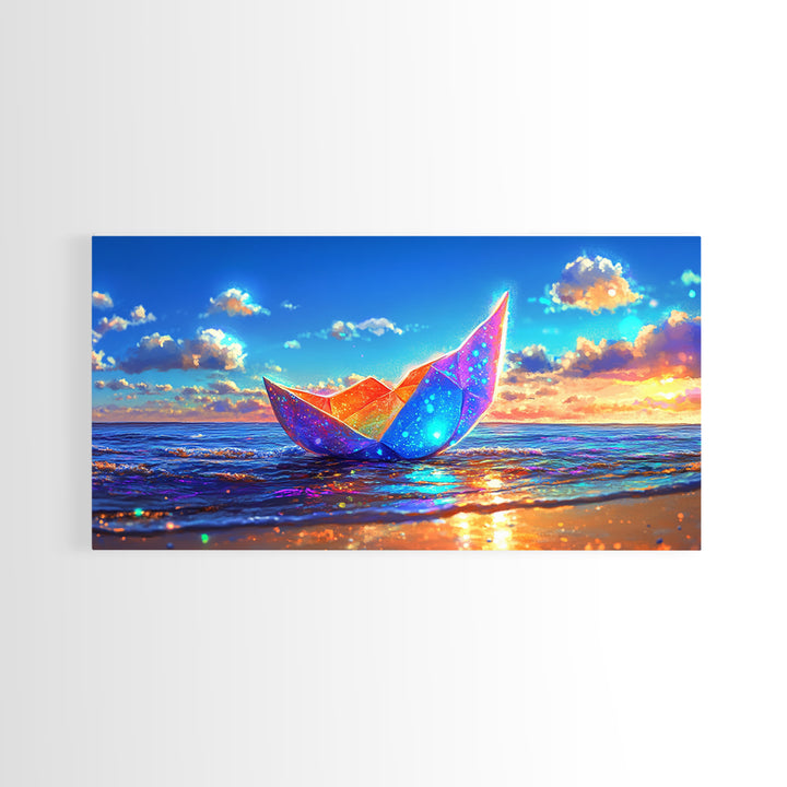 Glowing Origami Paper Boat At Sunset Canvas Print, Coastal Wall Art, Ocean Wall Art, Beach House Decor, Modern Seascape Art