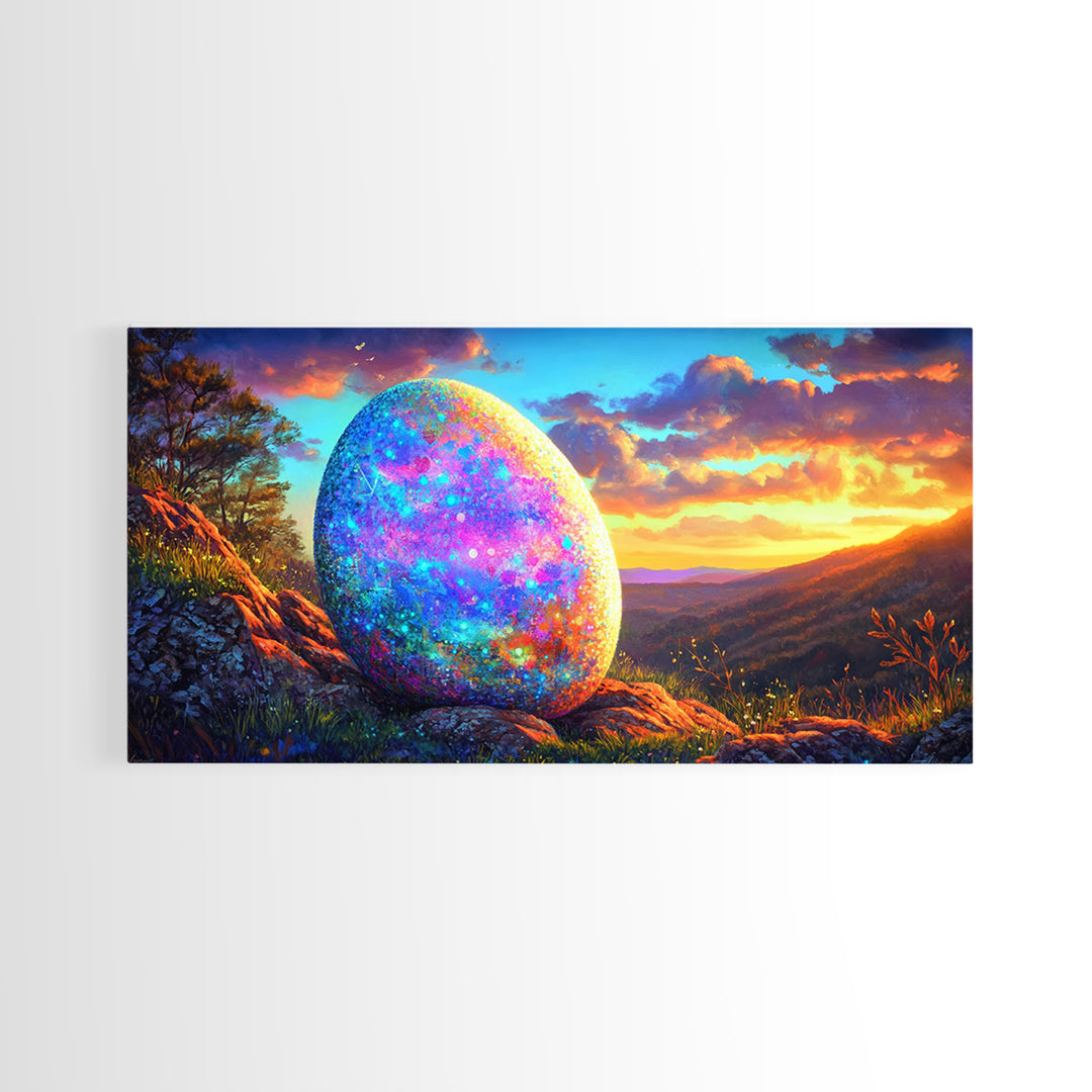 Glittering Easter Egg Mountain Sunset Canvas Print, Whimsical Wall Art, Spring Decor, Fantasy Landscape, Colorful Wall Art