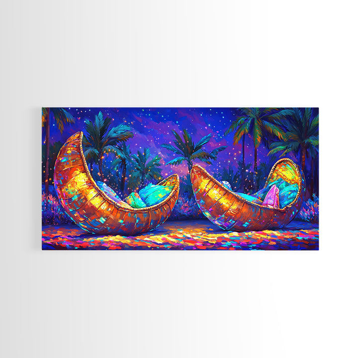 Glowing Crescent Moon Hammocks Under Palms Framed Canvas Print, Tropical Wall Art For Boho Bedroom Decor And Summer Home Decor