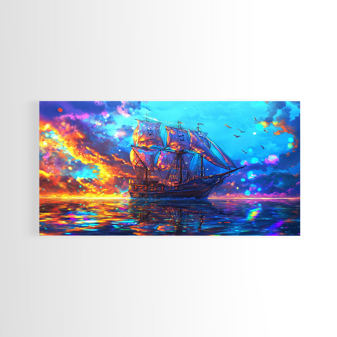 Tall Sailing Ship At Fiery Sunset Framed Canvas Print, Nautical Wall Art For Coastal Decor Ocean Wall Decor And Seascape