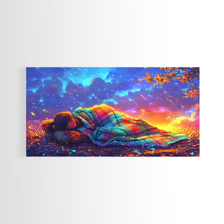 Sleeping Under Rainbow Blanket At Sunset Framed Canvas Print, Cozy Wall Art For Bedroom Decor, Calming Landscape Wall Art