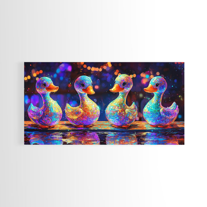 Four Rainbow Rubber Ducks In A Row Canvas Print, Whimsical Animal Wall Art For Bathroom Decor And Kids Room Decor Gift Idea