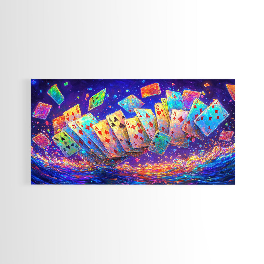 Exploding Neon Playing Cards Canvas Print, Game Room Wall Art, Poker Wall Art, Man Cave Decor, Maximalist Home Decor Gift