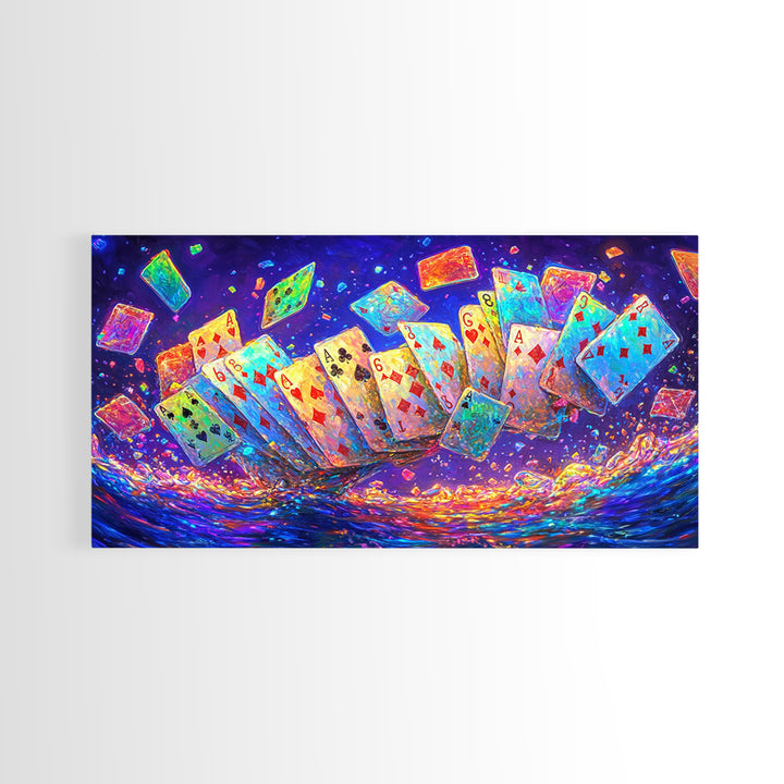 Exploding Neon Playing Cards Canvas Print, Game Room Wall Art, Poker Wall Art, Man Cave Decor, Maximalist Home Decor Gift