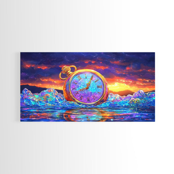 Golden Pocket Watch In Icy Sea Framed Canvas Print, Surreal Wall Art, Steampunk Decor, Time Traveler Fantasy Art Home Decor Gift