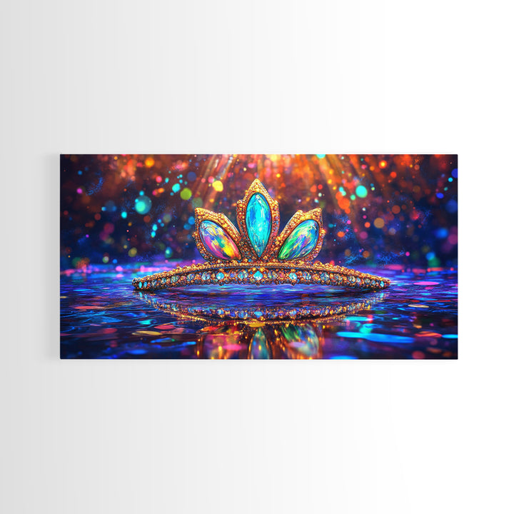 Jeweled Tiara With Rainbow Reflections Framed Canvas Print, Princess Wall Art, Glam Wall Decor, Feminine Gift For Her, Bedroom Decor