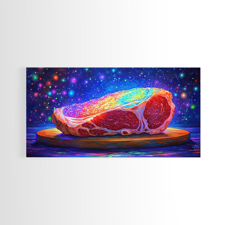 Rainbow Steak On Wooden Board Canvas Print, Bold Food Wall Art, Kitchen Decor, Restaurant Poster, Gift For Chef Or Foodie