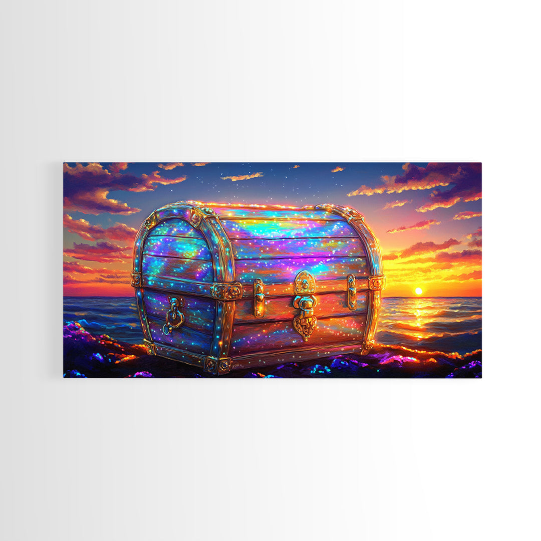 Glowing Treasure Chest At Ocean Sunset Canvas Print, Fantasy Wall Art, Coastal Decor, Adventure Gift, Beach House Decor Art