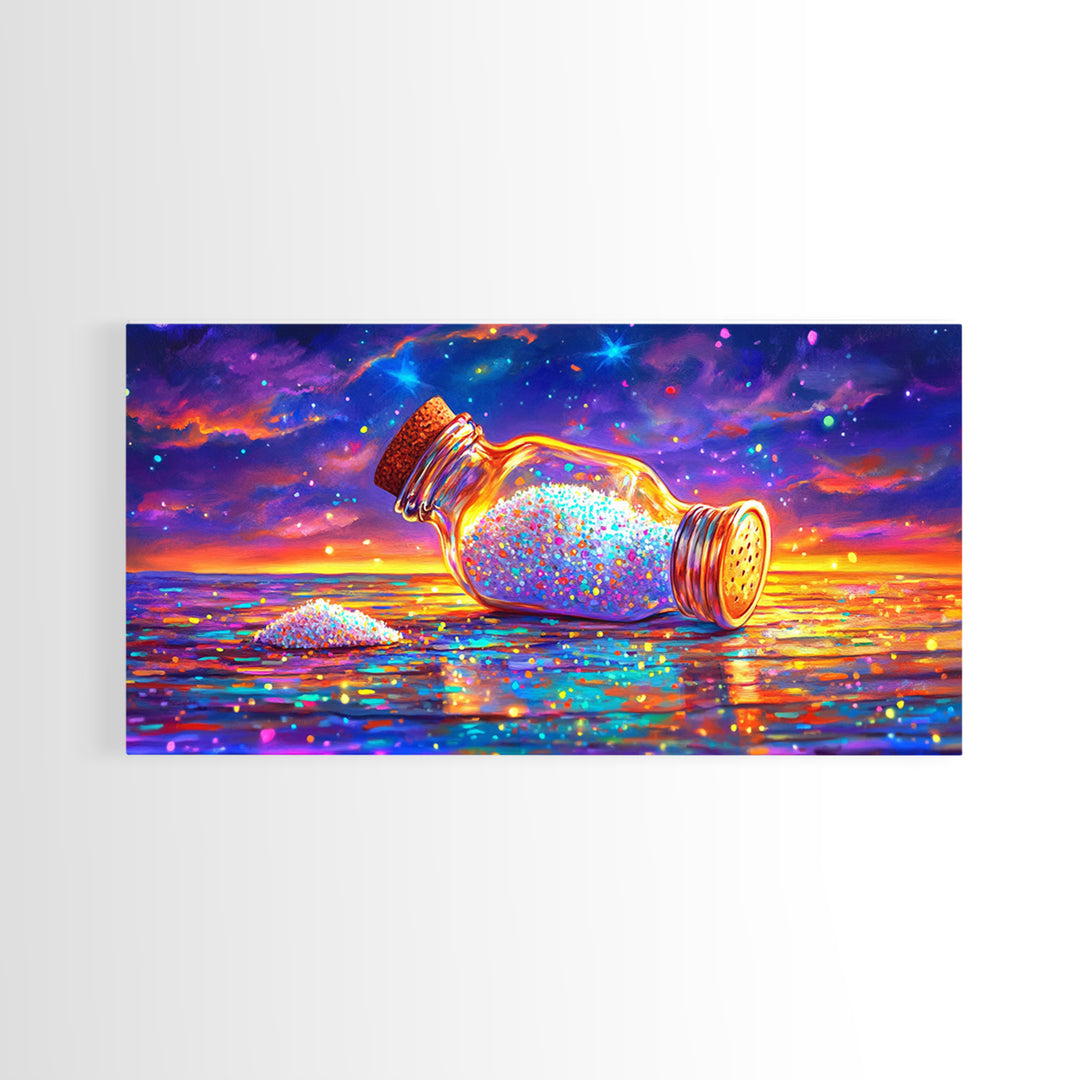 Sparkling Salt Bottle At Sunset Canvas Print, Coastal Kitchen Wall Art, Colorful Seascape Decor, Foodie Housewarming Gift