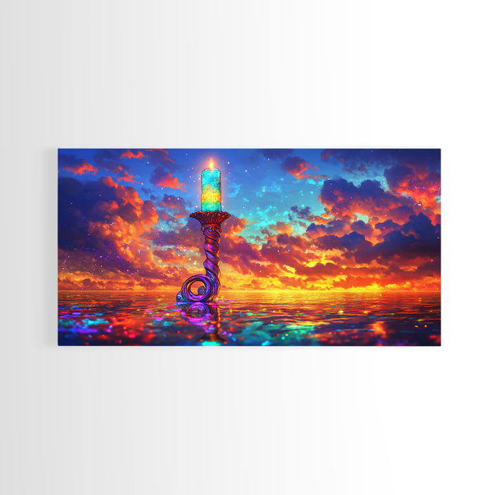 Glowing Candle Over Sunset Ocean Wall Art, Coastal Seascape Painting, Spiritual Home Decor, Calming Living Room Wall Decor