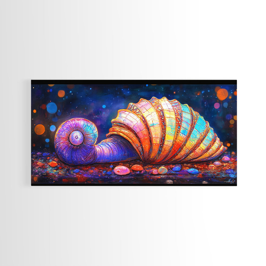 Glowing Spiral Seashell On Pebble Shore Canvas Print, Nautical Coastal Wall Art, Beach House Decor, Ocean Life Art Print