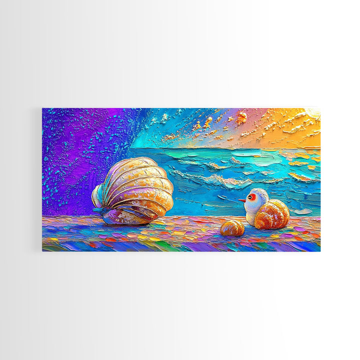 Bright Seashells And Tiny Bird By Turquoise Waves Framed Canvas Print, Coastal Wall Art, Beach House Decor, Ocean Painting
