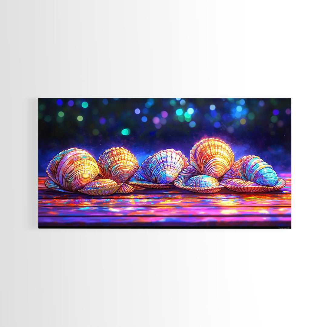 Glowing Clam Shells On Neon Table Canvas Print, Colorful Coastal Wall Art, Beach House Decor, Nautical Gallery Wall Art