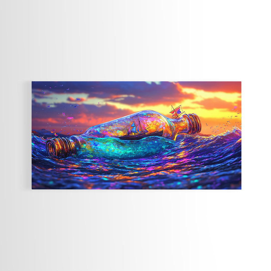 Tiny Ship In Glass Bottle Riding Ocean Waves Wall Art, Nautical Seascape Decor, Coastal Canvas Print, Travel Gift For Him