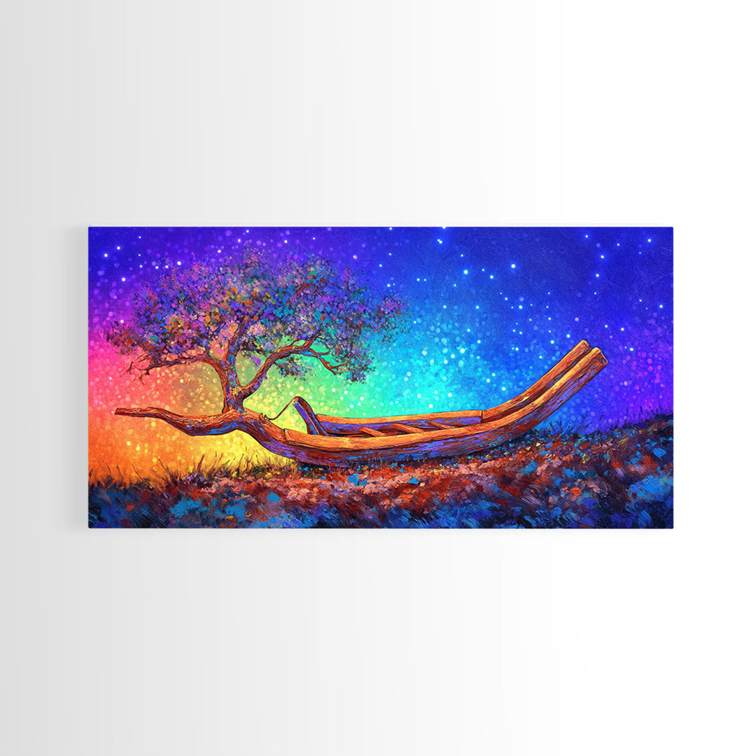 Wooden Canoe With Tree Under Stars Canvas Print, Whimsical Wall Art, Nature Wall Decor, Celestial Art, Unique Gift, Home Decor