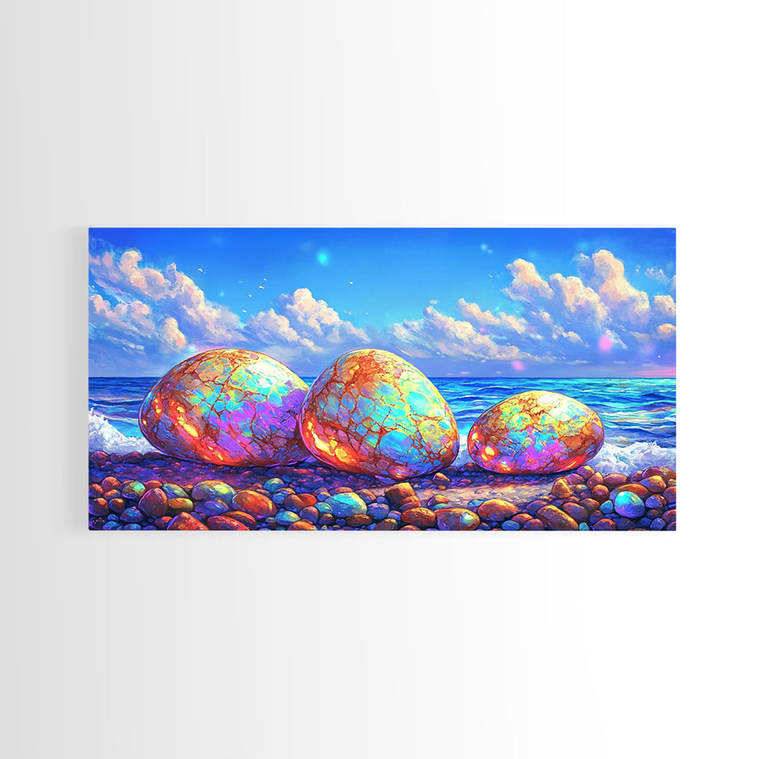 Iridescent Pebbles On Sunny Beach Canvas Print, Coastal Wall Art, Ocean Art Print, Beach House Decor, Colorful Nature Art