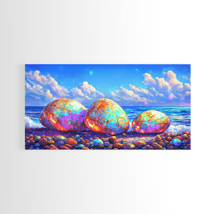 Iridescent Pebbles On Sunny Beach Canvas Print, Coastal Wall Art, Ocean Art Print, Beach House Decor, Colorful Nature Art