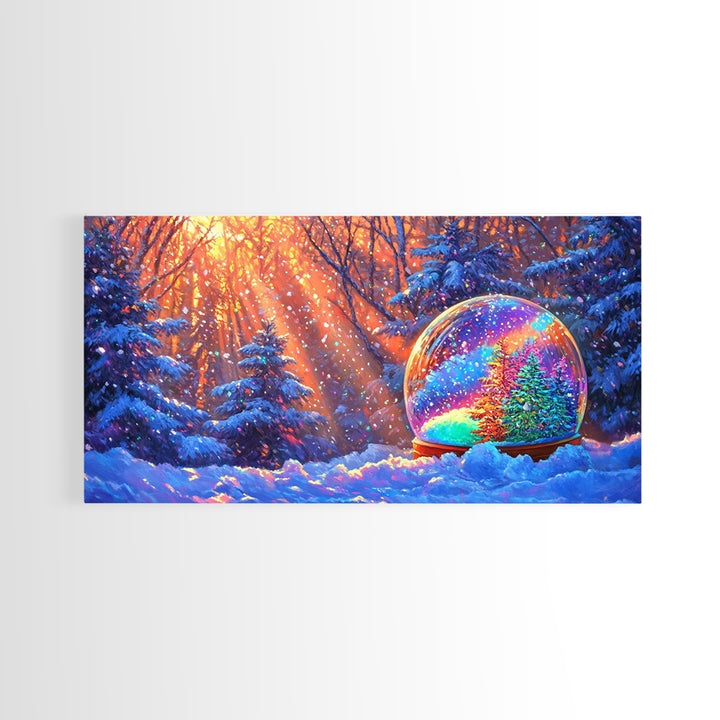 Snow Globe With Rainbow Winter Forest Wall Art, Christmas Decor, Cozy Wall Art, Winter Landscape Print, Whimsical Home Decor