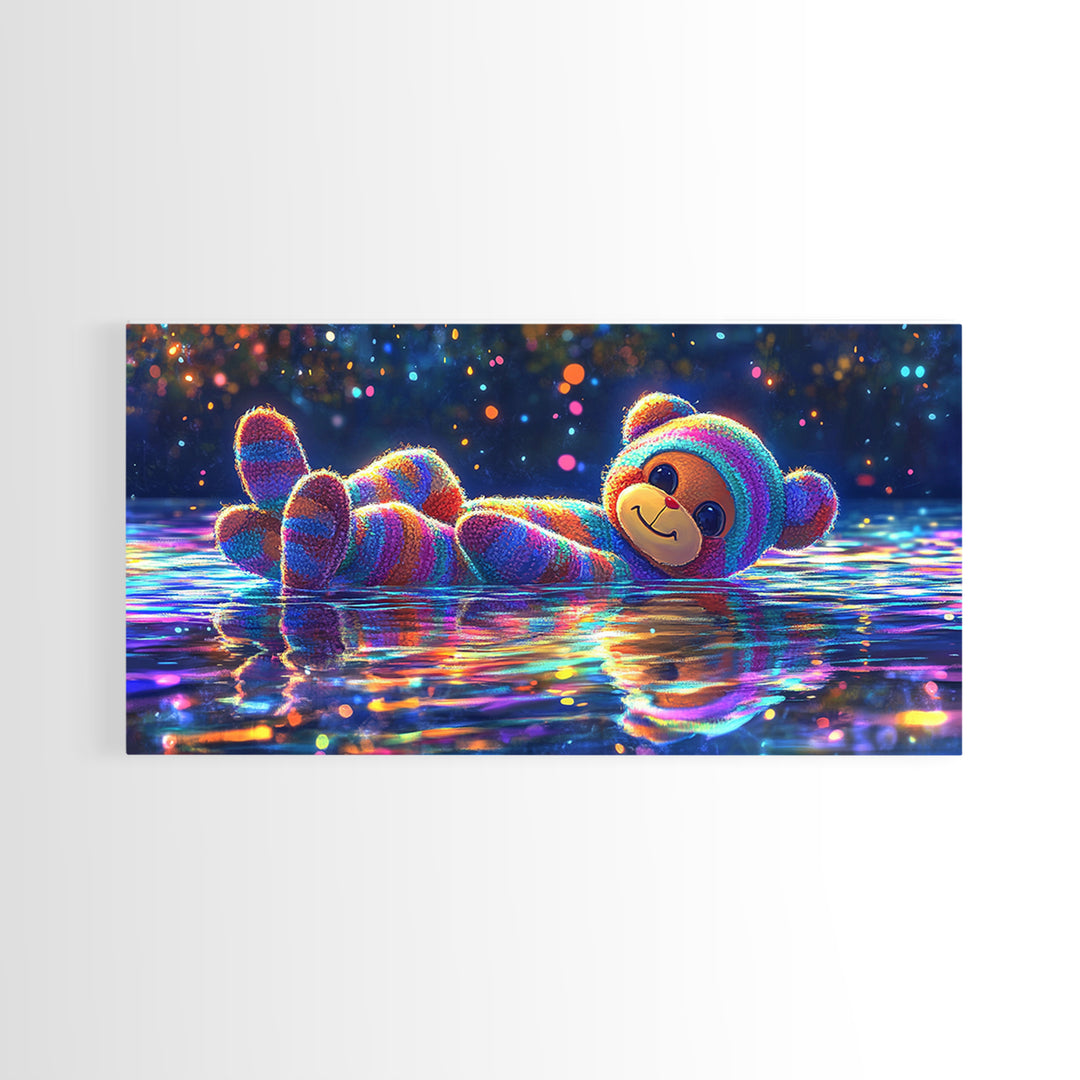 Rainbow Plush Teddy Bear On Reflective Water Wall Art, Cute Kids Room Art, Nursery Wall Art, Dopamine Decor, Baby Gift For Her